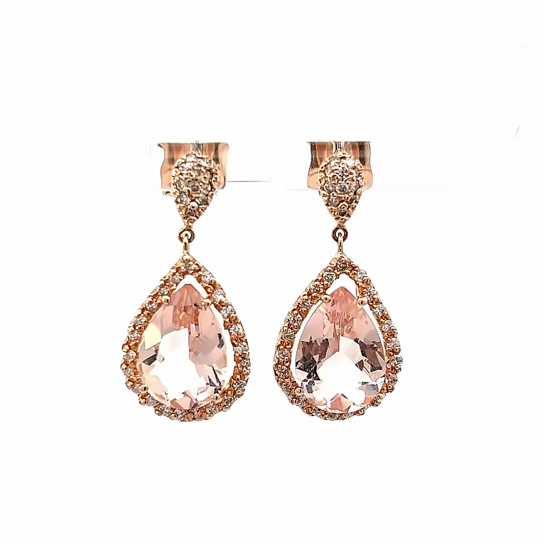 14K Rose Gold 7.05 Carat Morganite And Diamond Dangle Earrings