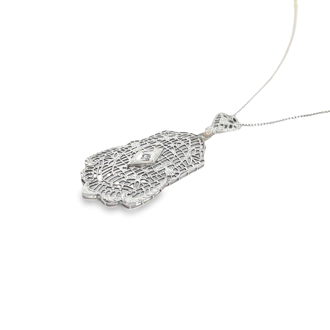 14k White Gold Art Deco Single Cut Diamond Filigree Necklace