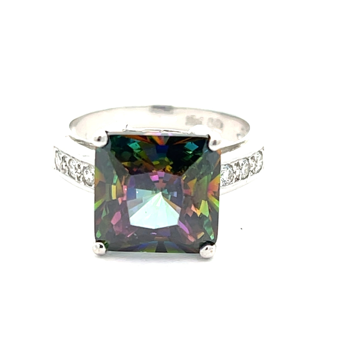 18K White Gold Mystic Topaz And Diamond Ring