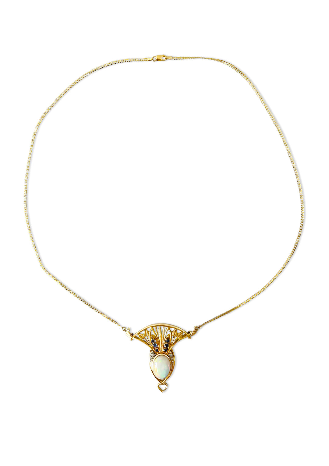 14K Yellow Gold 9.20 Carat Ethiopian Opal, Diamond, And Sapphire Handcrafted Necklace