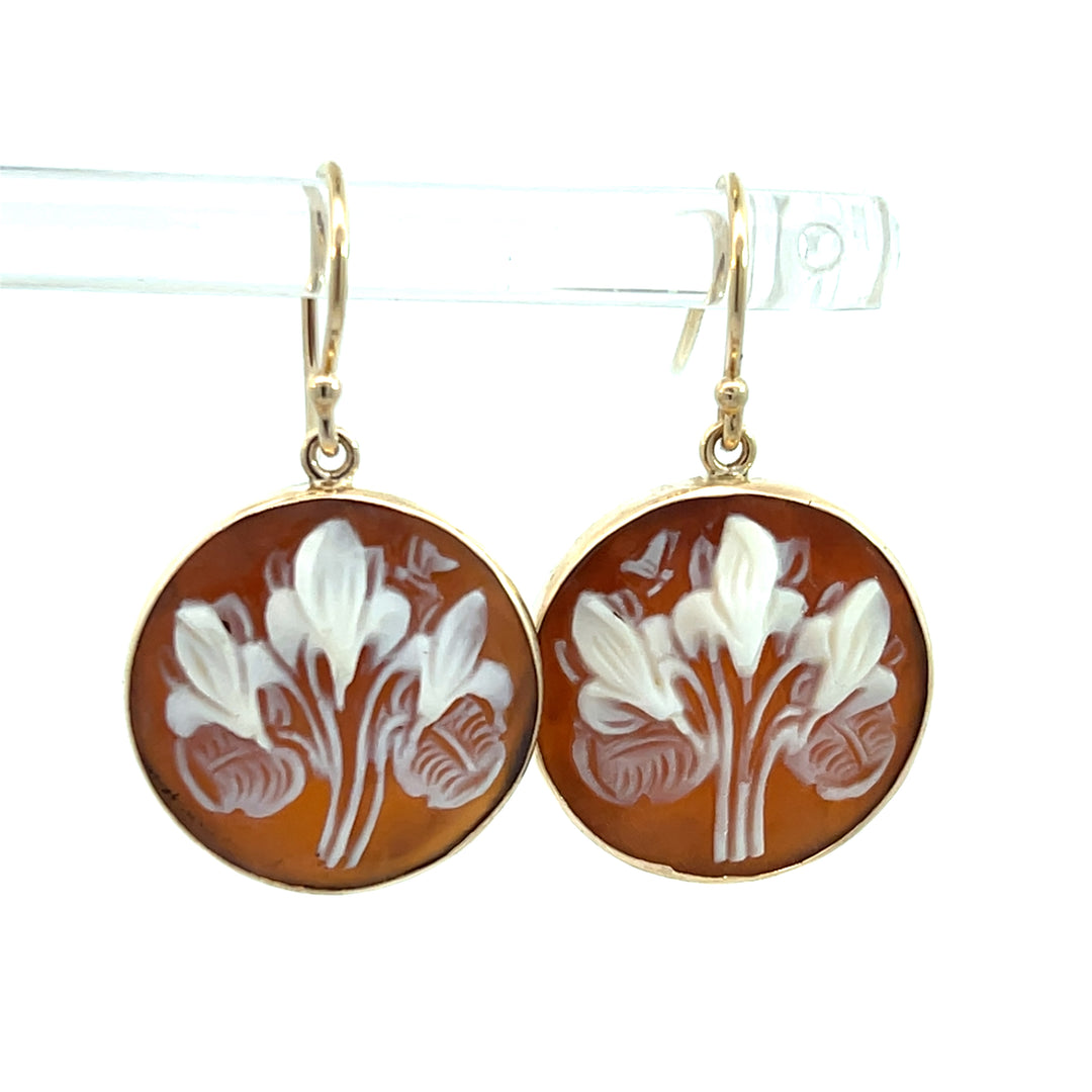 14K Yellow Gold Carved Flower Shell Dangle Earrings
