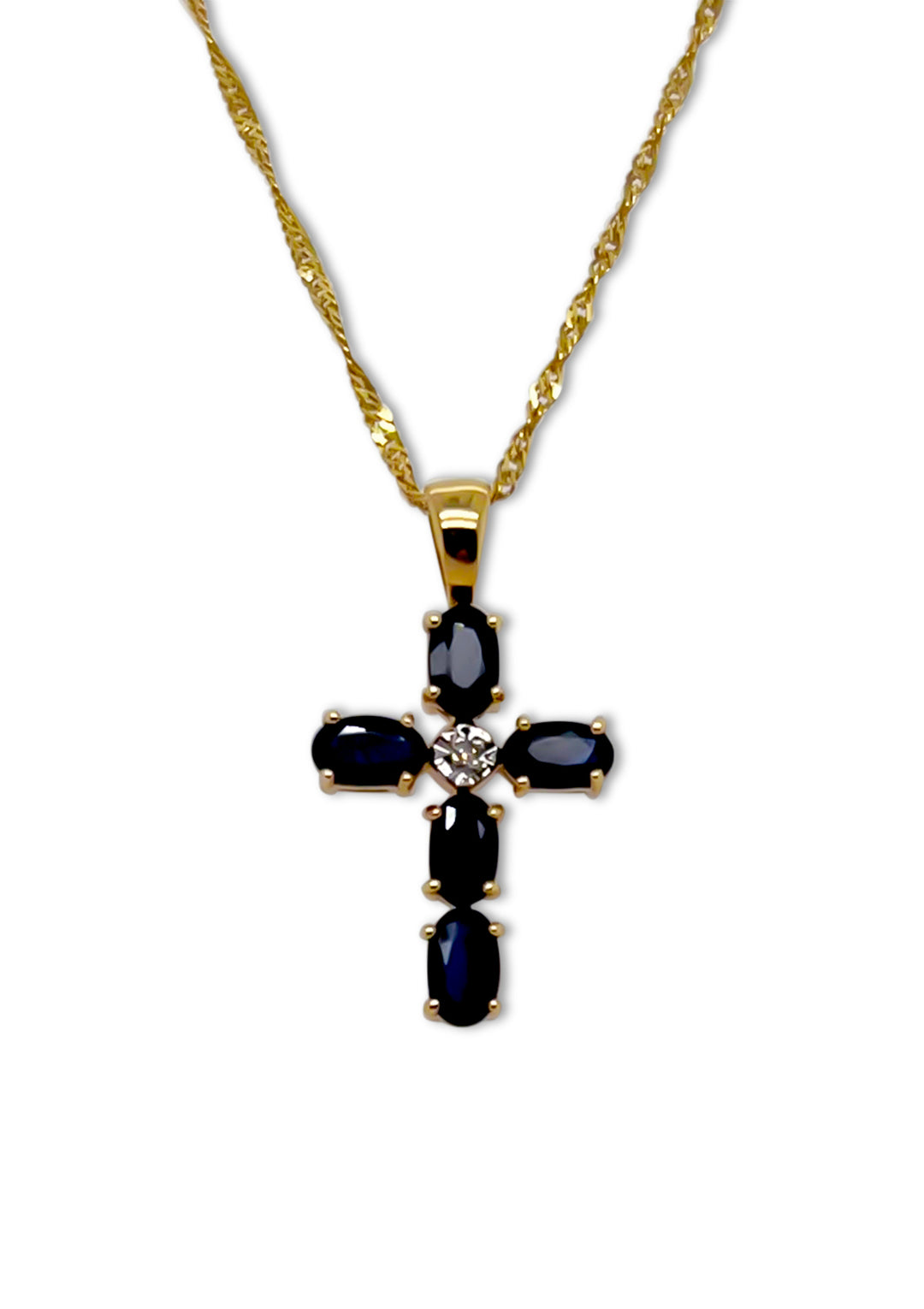 14K Yellow Gold Sapphire And Diamond Cross Necklace