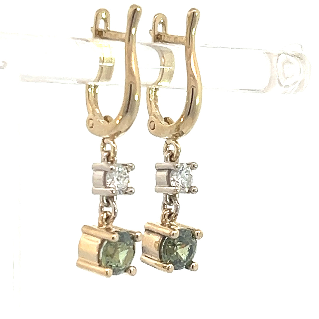 14K Yellow And White Gold Diamond And Demantoid Garnet Dangle Earrings