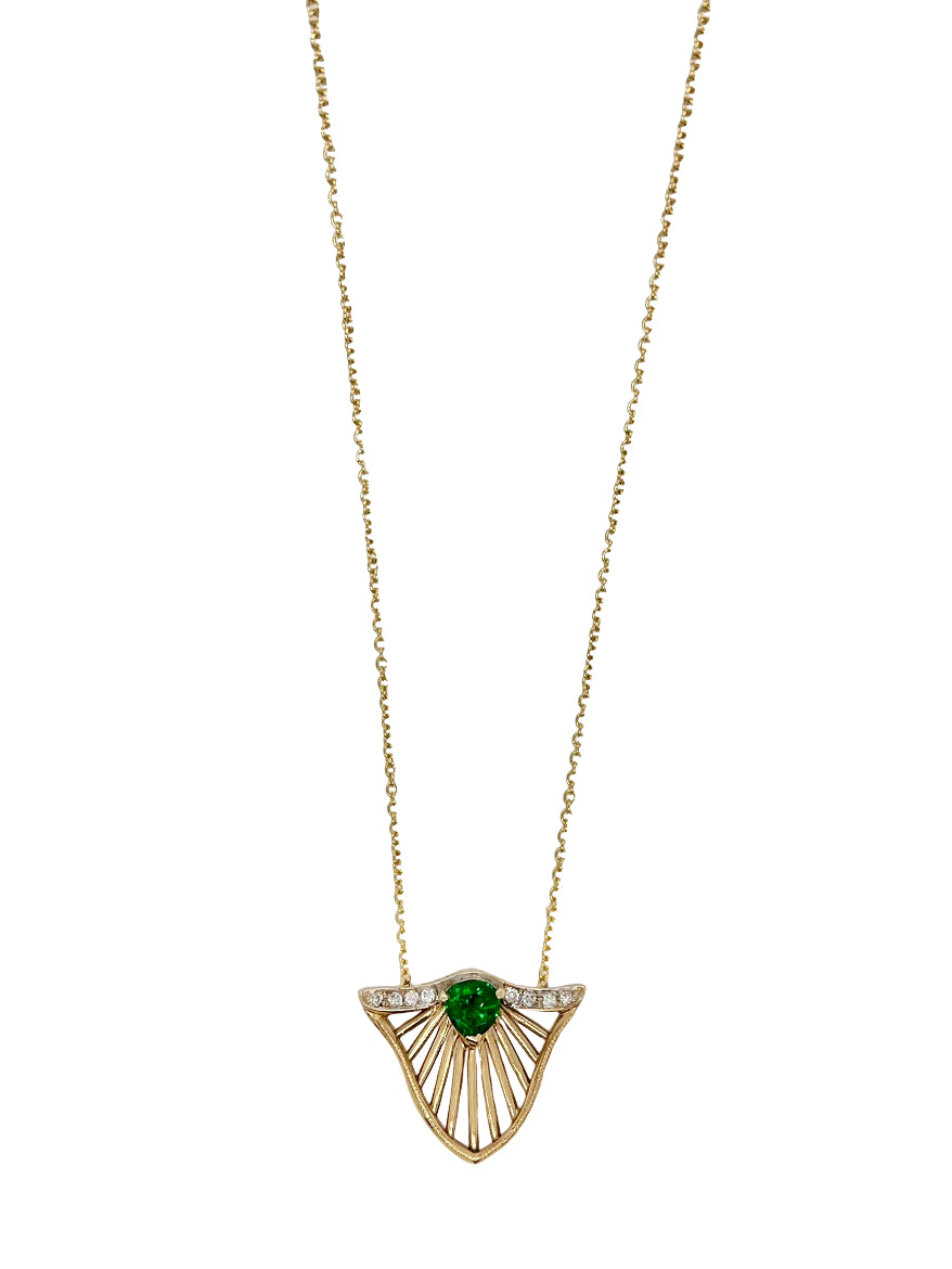 14K Yellow Gold 0.63 Carat Tsavorite And Diamond Handcrafted Shield Necklace