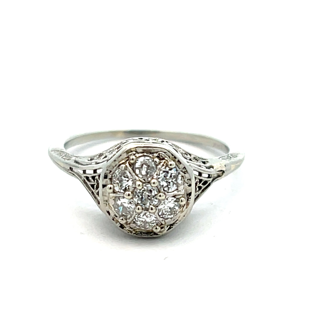 18K White Gold Art Deco 0.40 Carat Diamond Cluster Ring