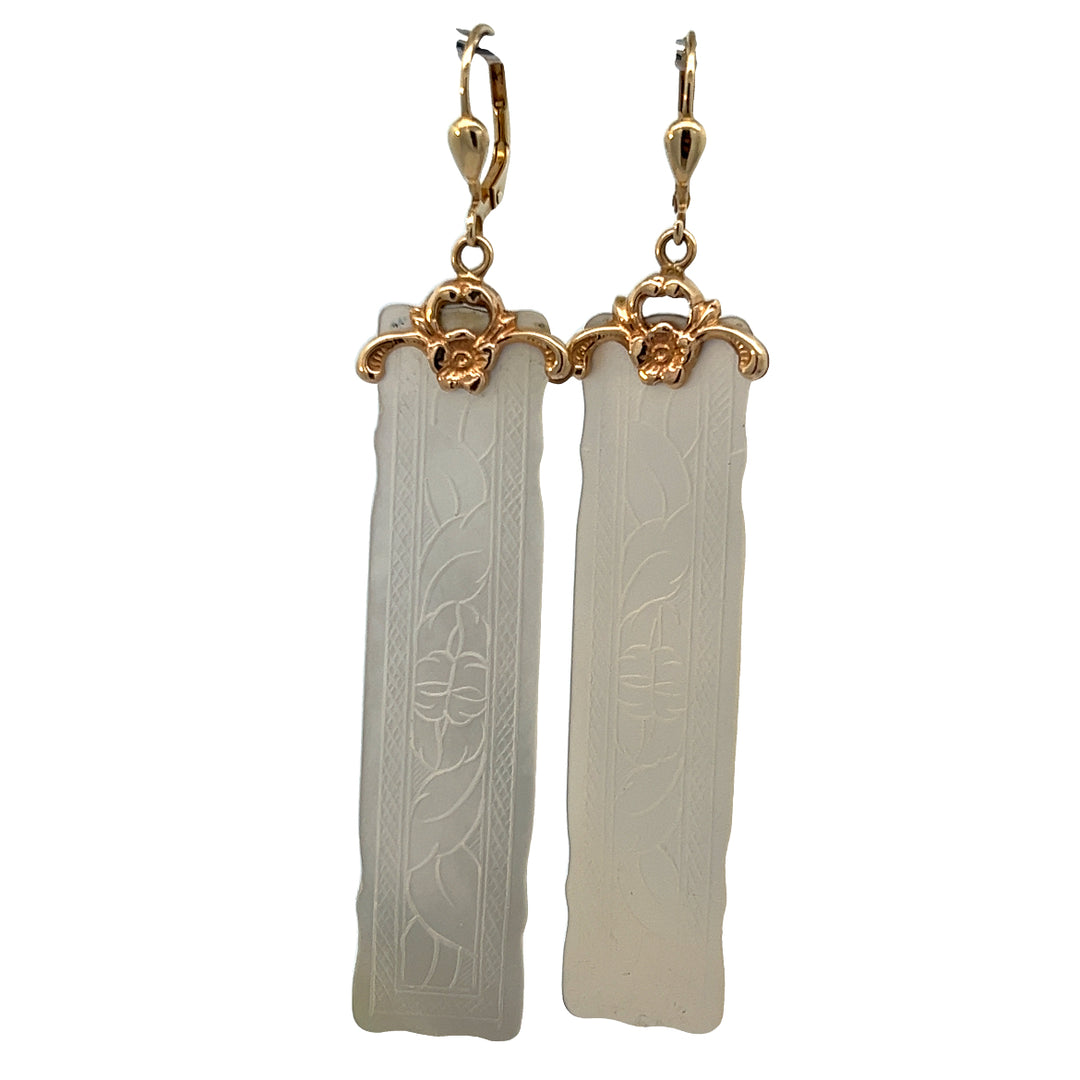 14K Yellow Gold Mother Of Pearl Chinese Gaming Counter Earrings