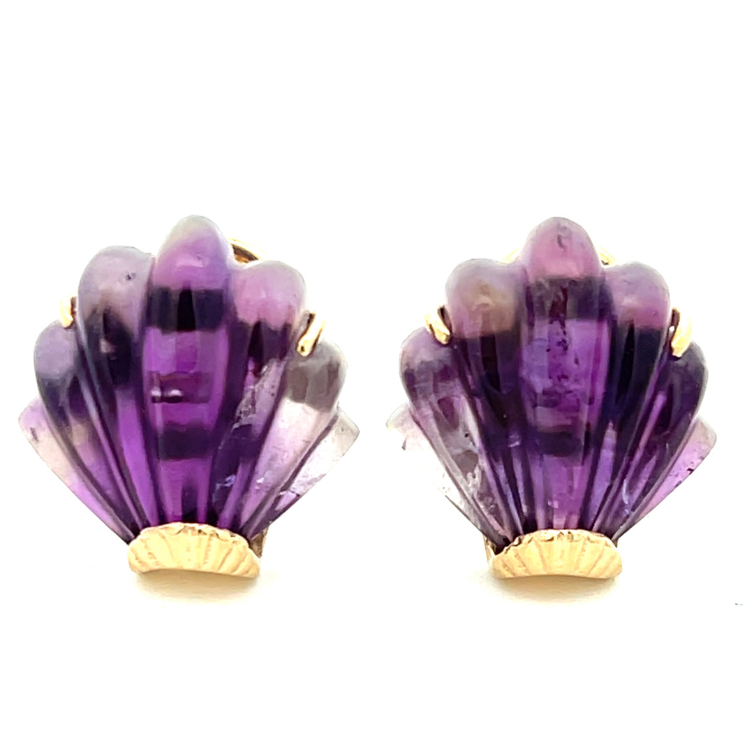 14K Yellow Gold Carved Amethyst Omega Back Earrings