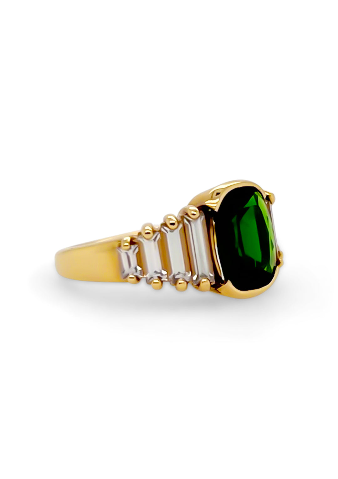 14K Yellow Gold 2.00 Carat Antique Cushion Cut Chrome Diopside And Lab Grown White Sapphire Ring