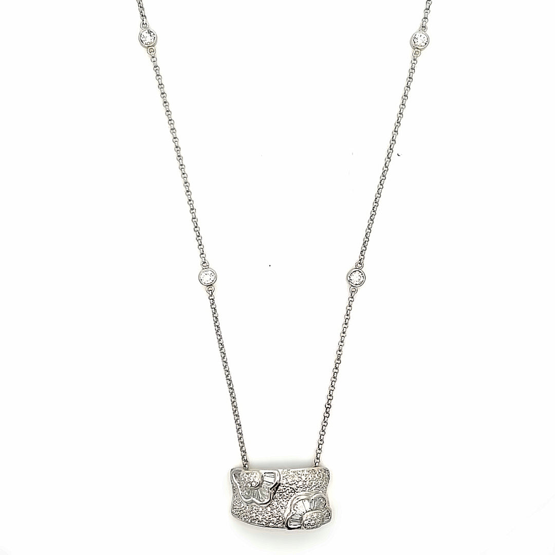 14K White Gold 1.40 Carat Diamond Flower Station Necklace