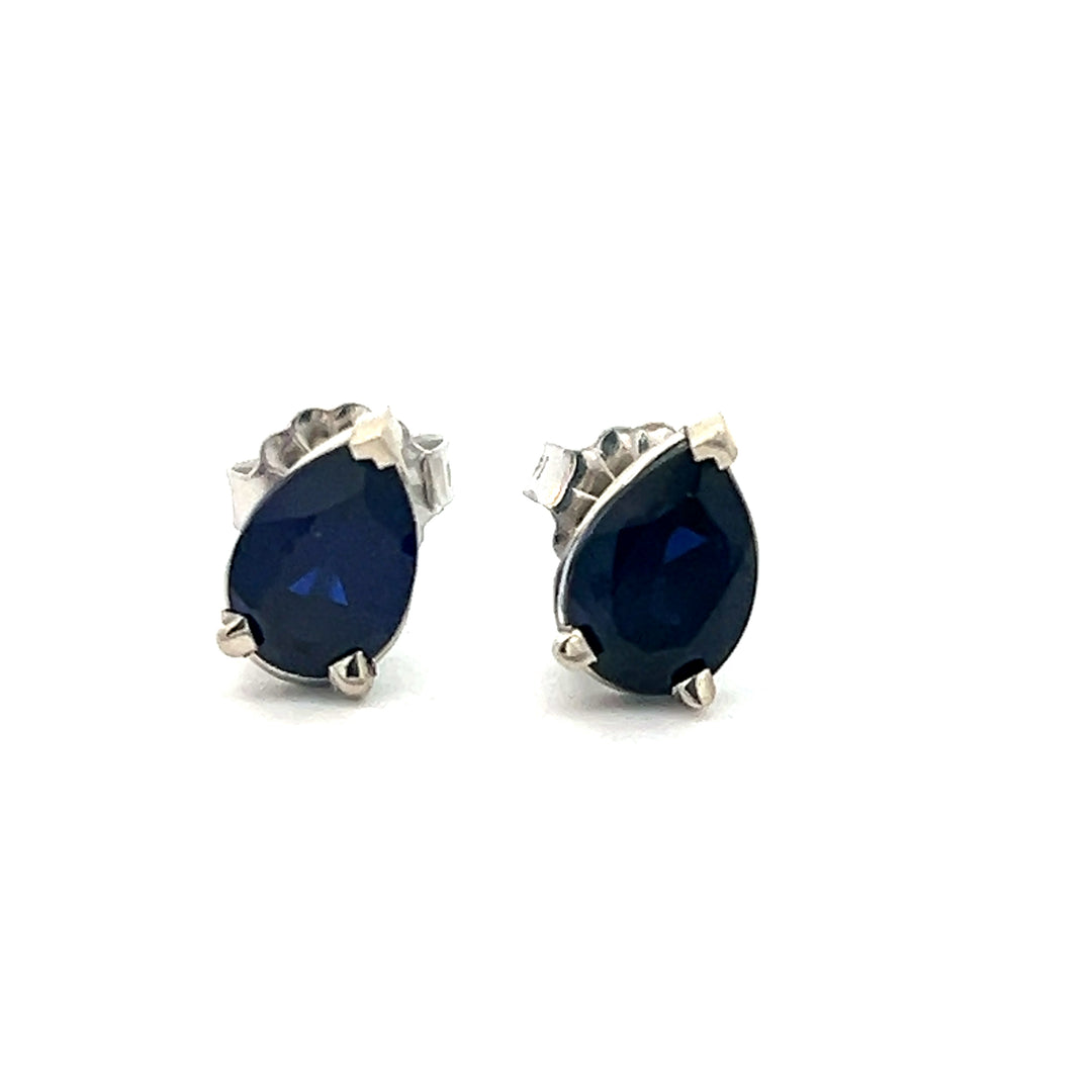 14K White Gold 7 x 5 Pear Cut Blue Sapphire Stud Earrings