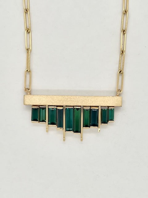 14K Yellow Gold Handcrafted Indicolite Tourmaline Bar Necklace