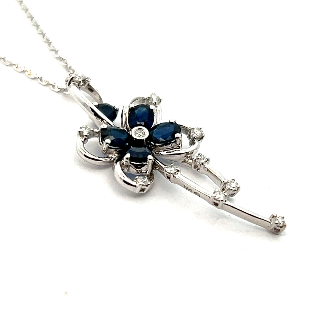 18K White Gold Sapphire And Diamond Flower Swirl Necklace
