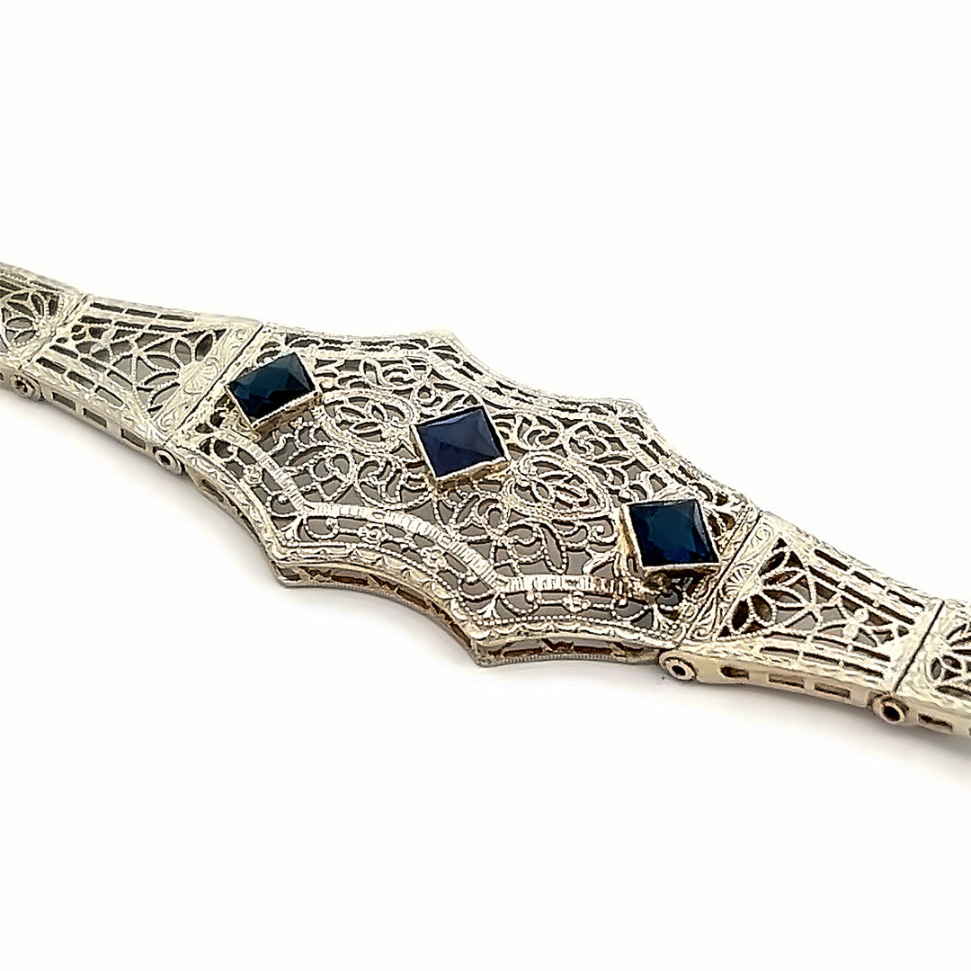 14K White Gold Art Deco Synthetic Sapphire Bracelet