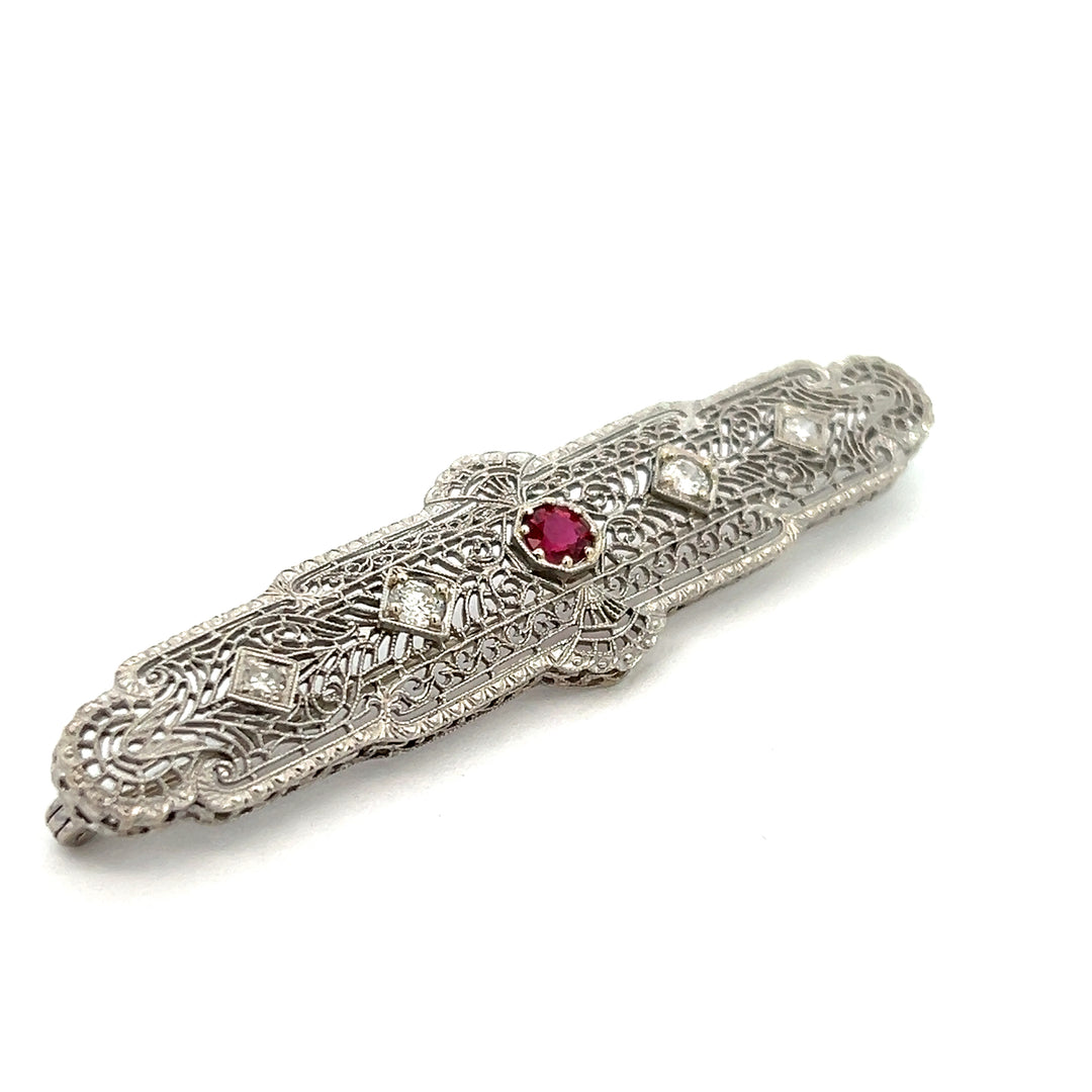 14K White Gold Synthetic Ruby And Diamond Brooch