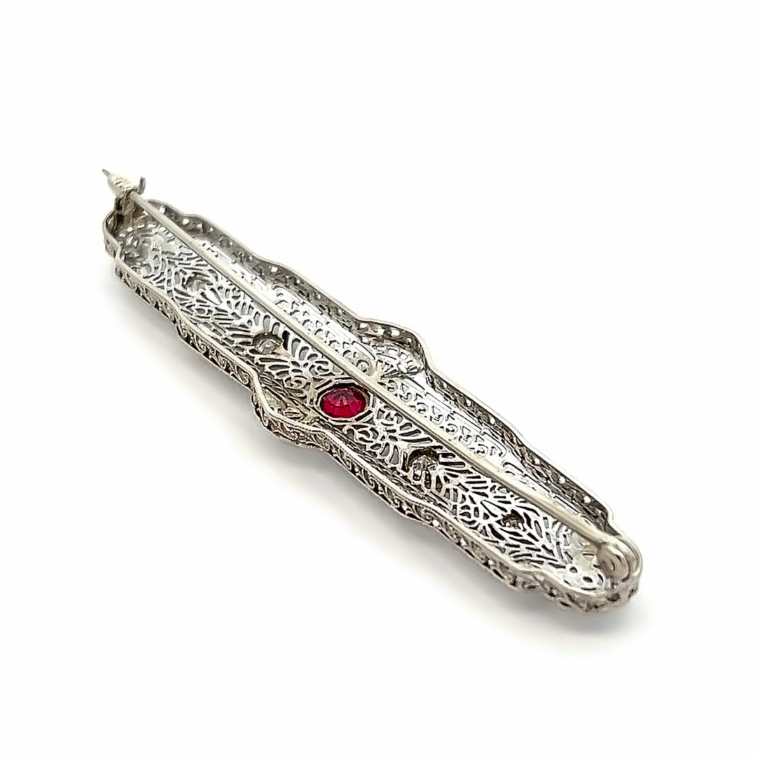 14K White Gold Synthetic Ruby And Diamond Brooch