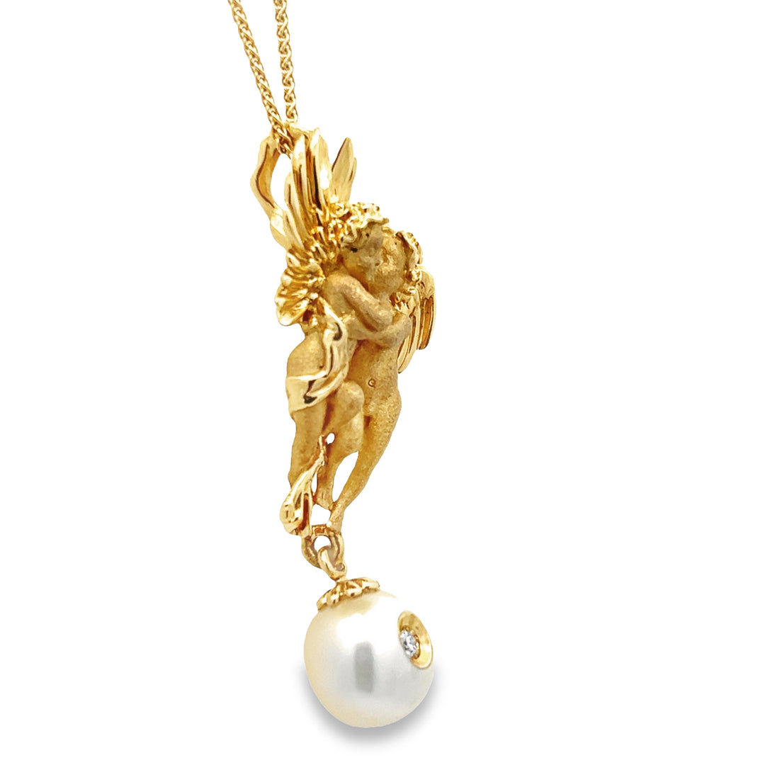14K Yellow Gold Diamond And Pearl Angel Pendant By Galatea