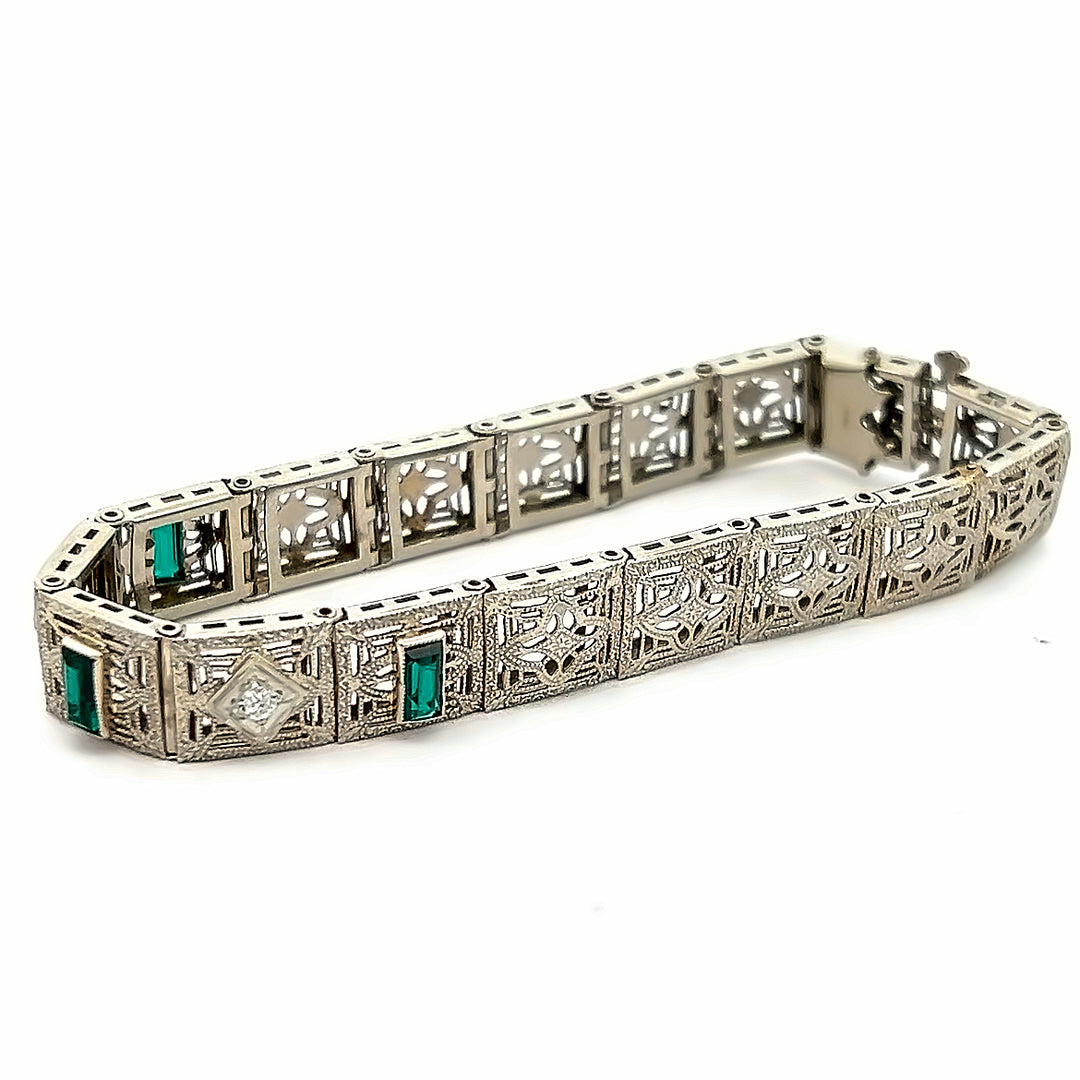 14K White Gold Art Deco Synthetic Emerald And Diamond Bracelet