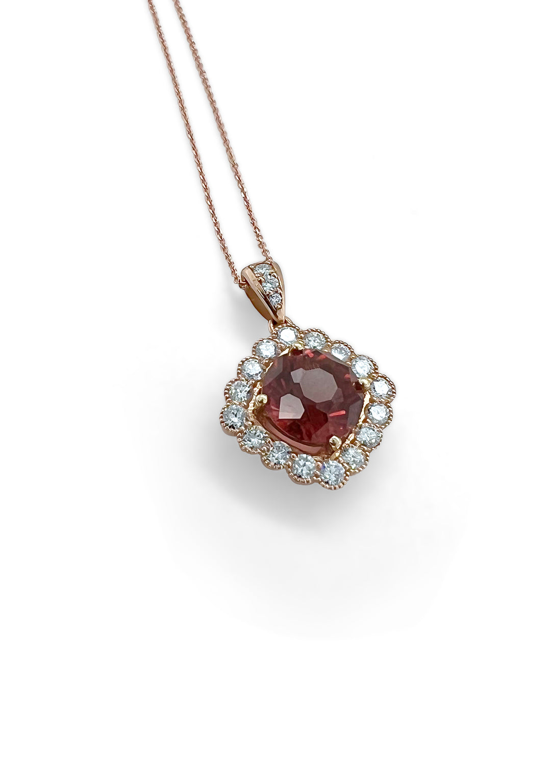 14K Rose Gold Checkerboard Cushion Cut Sunstone And Diamond Necklace