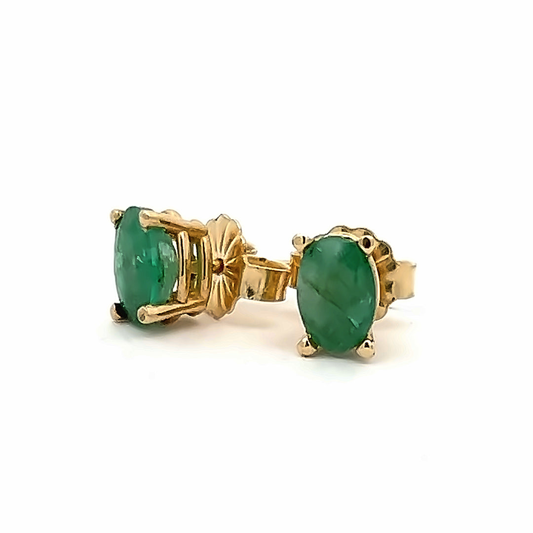 14k Yellow Gold Oval Emerald Stud Earrings