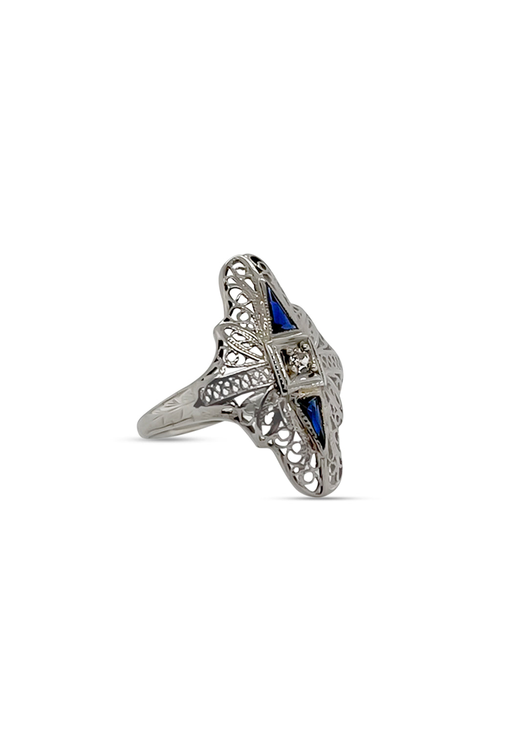 14K White Gold Art Deco Synthetic Blue Spinel And Diamond Shield Ring