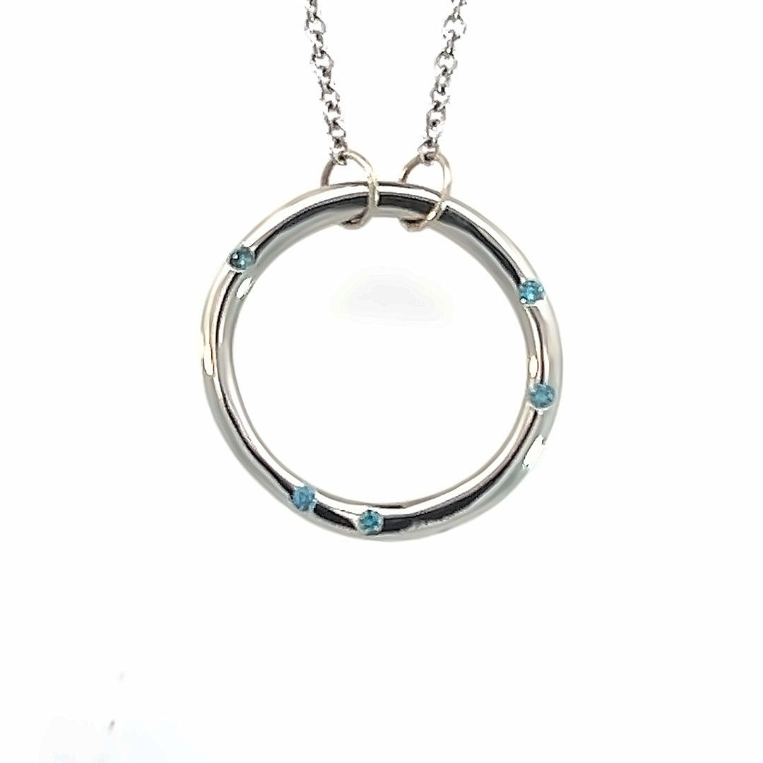 14K White Gold Blue Diamond Circle Necklace
