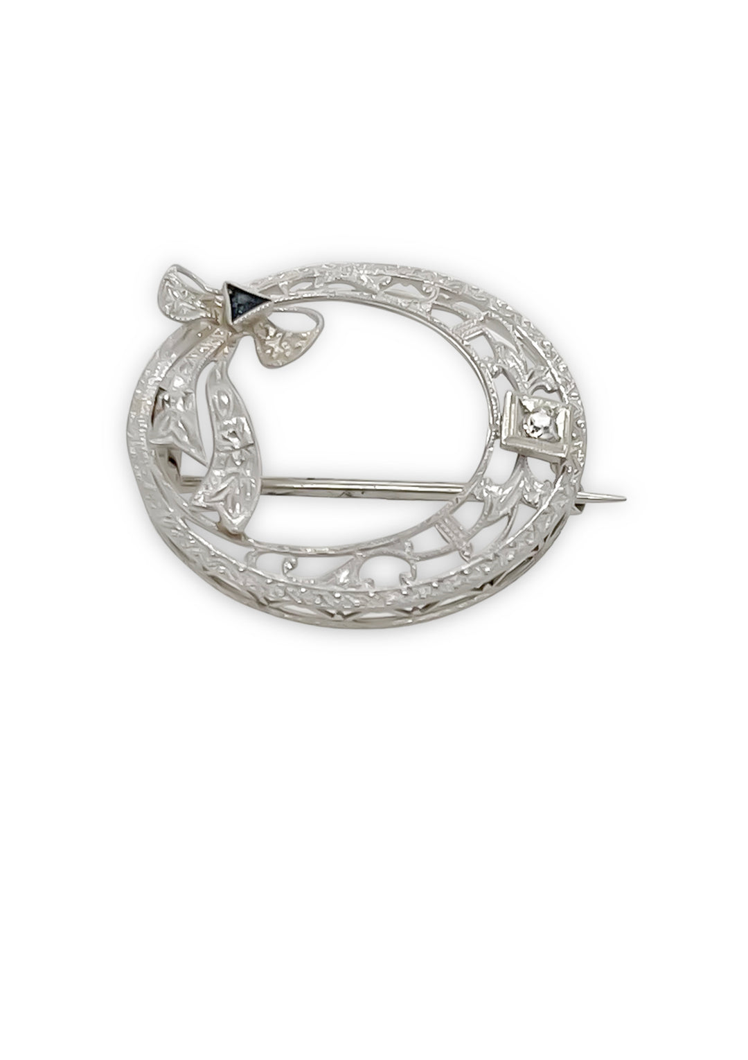 14K White Gold Diamond And Synthetic Sapphire Filigree Circle Brooch