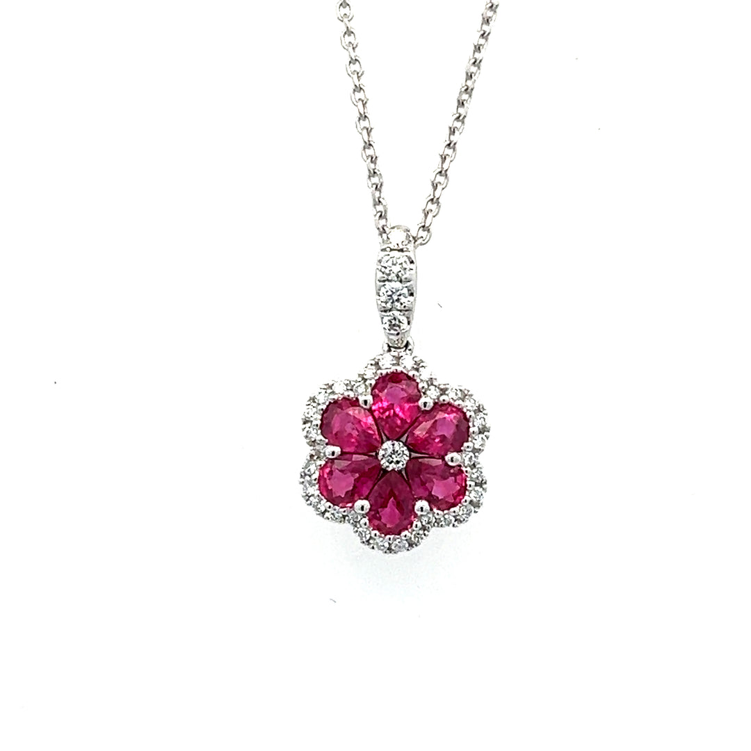 18K White Gold 1.14 Carat Ruby And Diamond Flower Pendant With 14K White Gold Chain