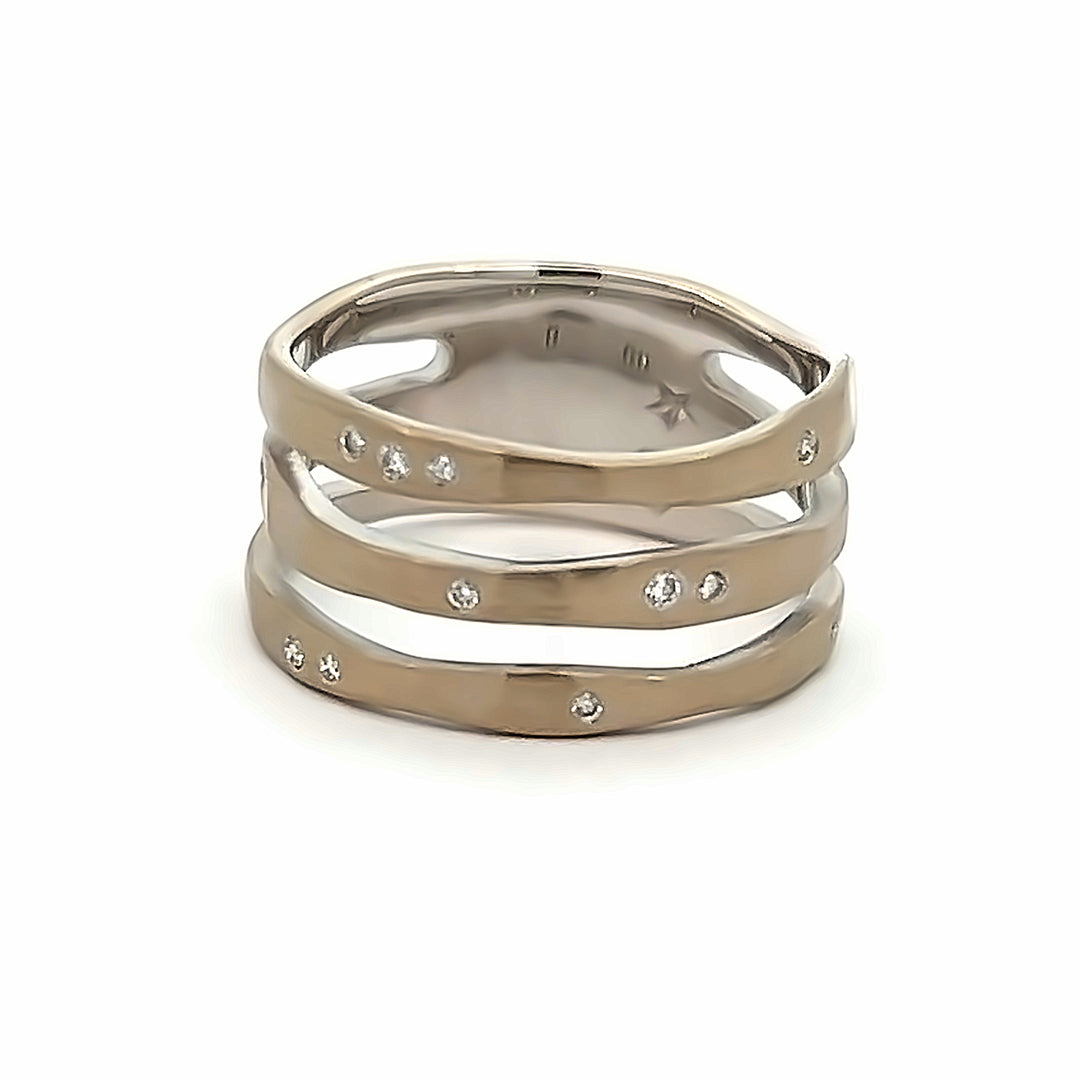 18K White Gold 3 Row Hammer Texture Flush Set Diamond Band