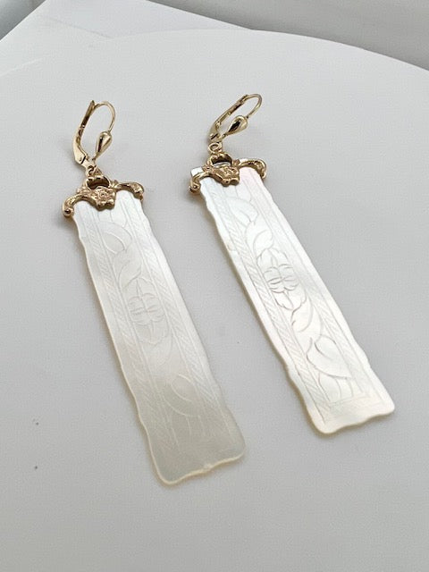 14K Yellow Gold Antique Mother Of Pearl Chinese Gaming Counter Earrings