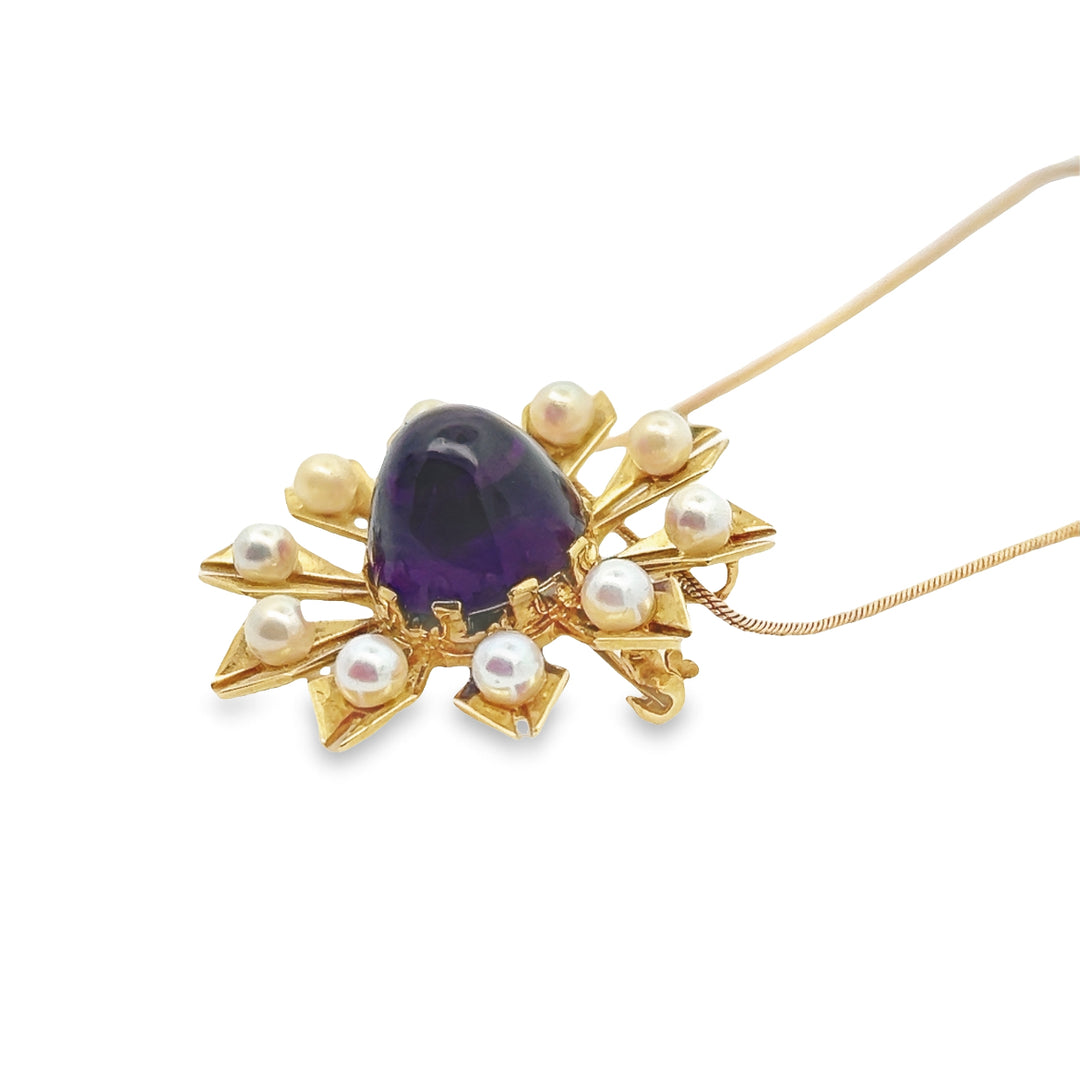 14K Yellow Gold 14.50 Carat Sugarloaf Amethyst And Pearl Brooch/Necklace