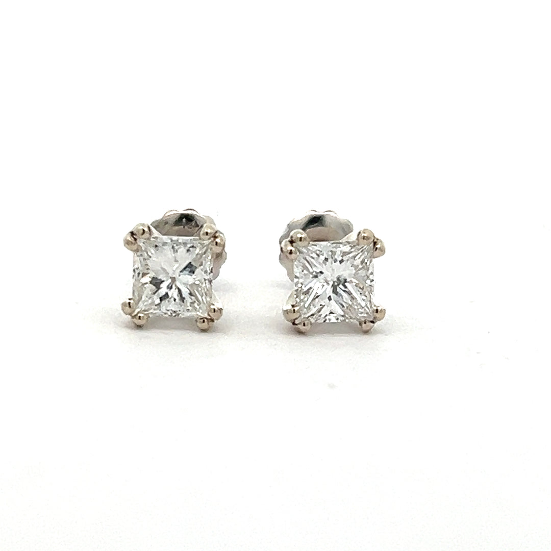 14K White Gold 1.40 Carat Princess Cut Diamond Stud Earrings