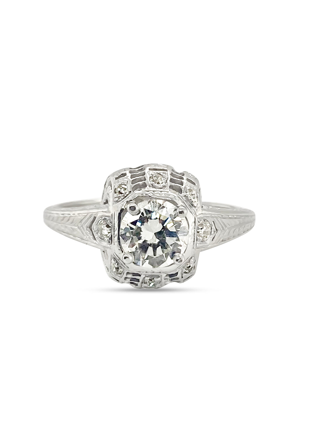 Platinum Vintage Estate .83 Carat Transitional Cut Diamond Engagement Ring