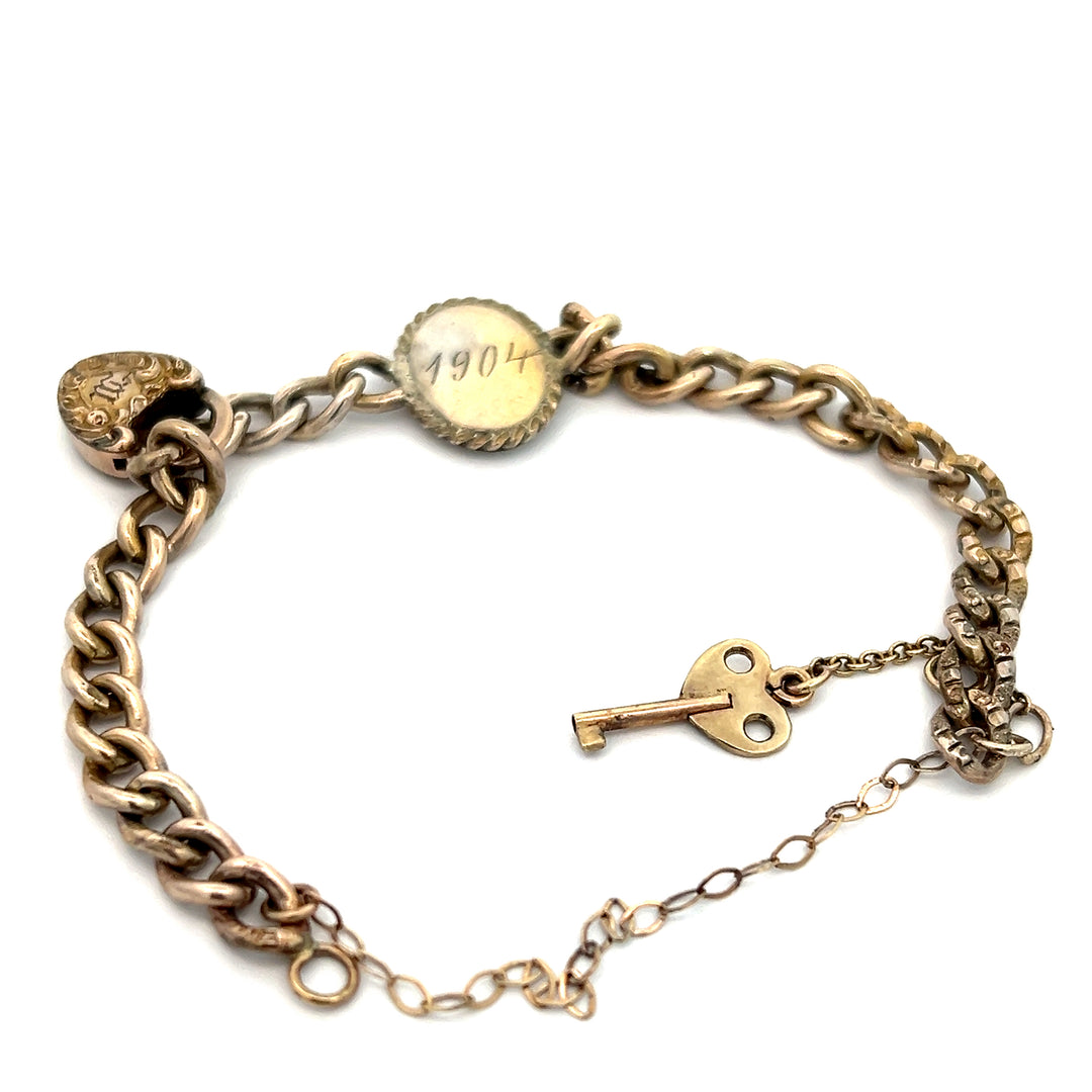 10K Yellow Gold 1904 Victorian Rolled Gold Heart And Key Bracelet