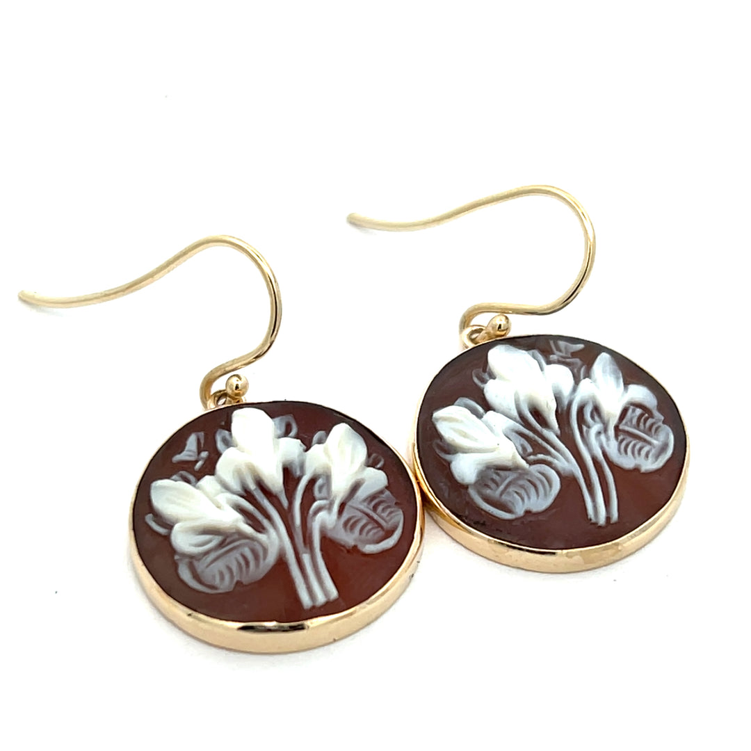 14K Yellow Gold Carved Flower Shell Dangle Earrings