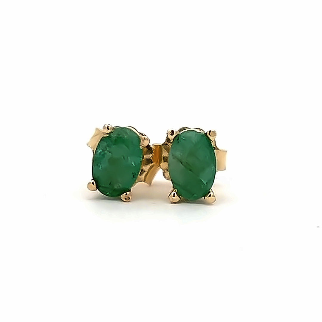14k Yellow Gold Oval Emerald Stud Earrings