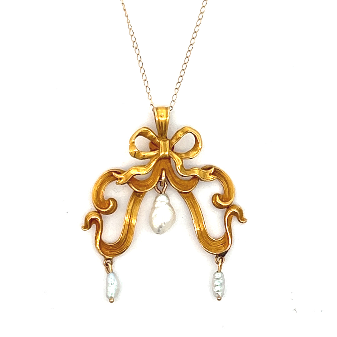 14K Yellow Gold Art Nouveau Pearl Ribbon Necklace