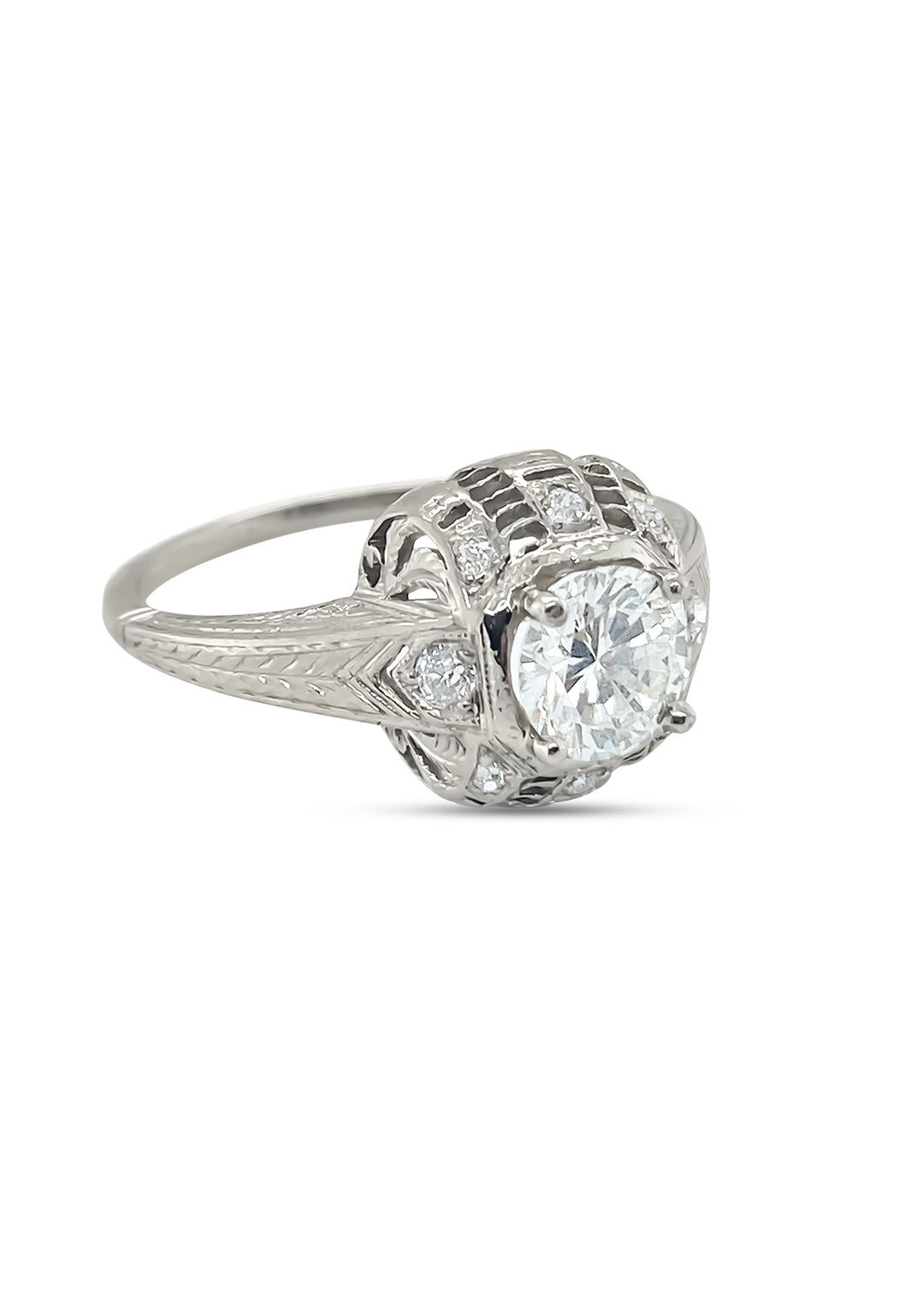 Platinum Vintage Estate .83 Carat Transitional Cut Diamond Engagement Ring