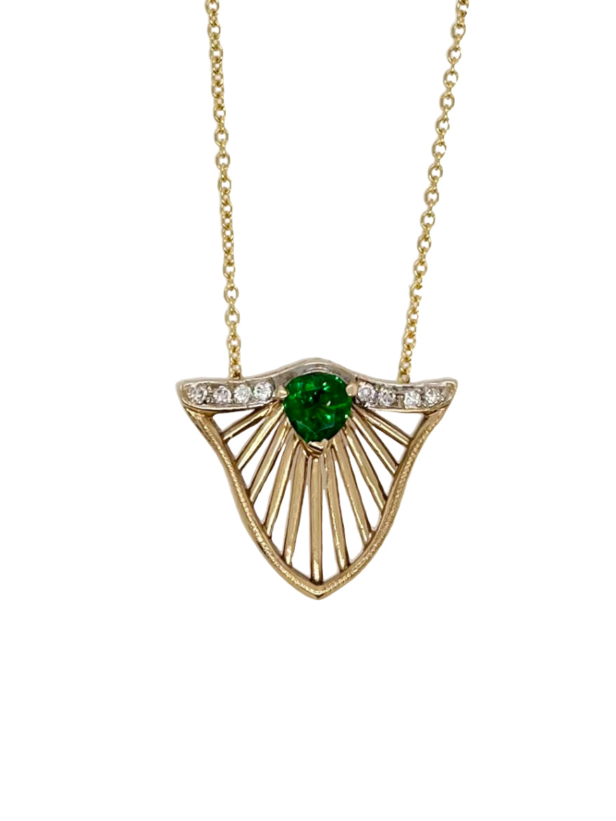 14K Yellow Gold 0.63 Carat Tsavorite And Diamond Handcrafted Shield Necklace