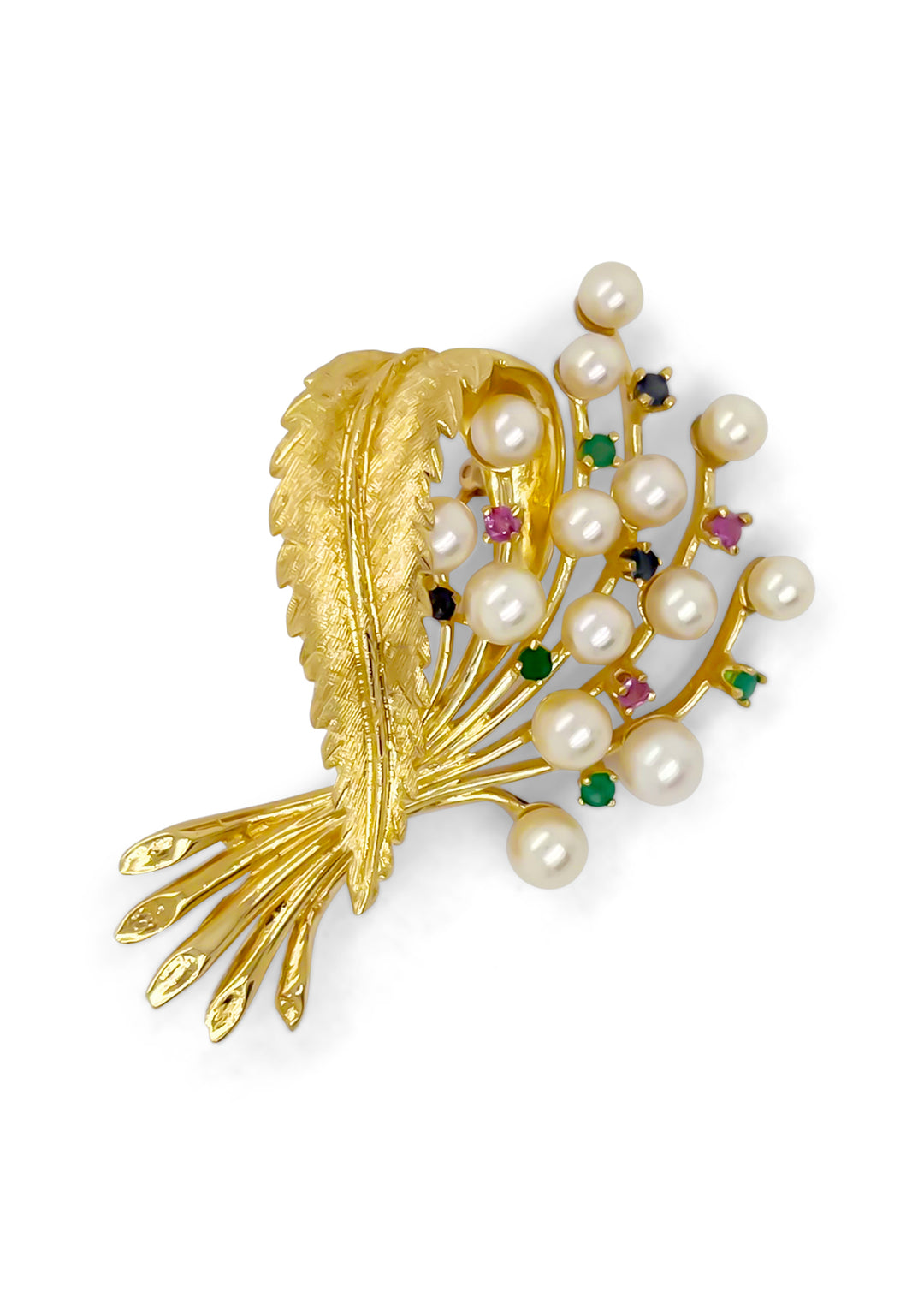 14K Yellow Gold Estate Pearl And Gemstone Brooch