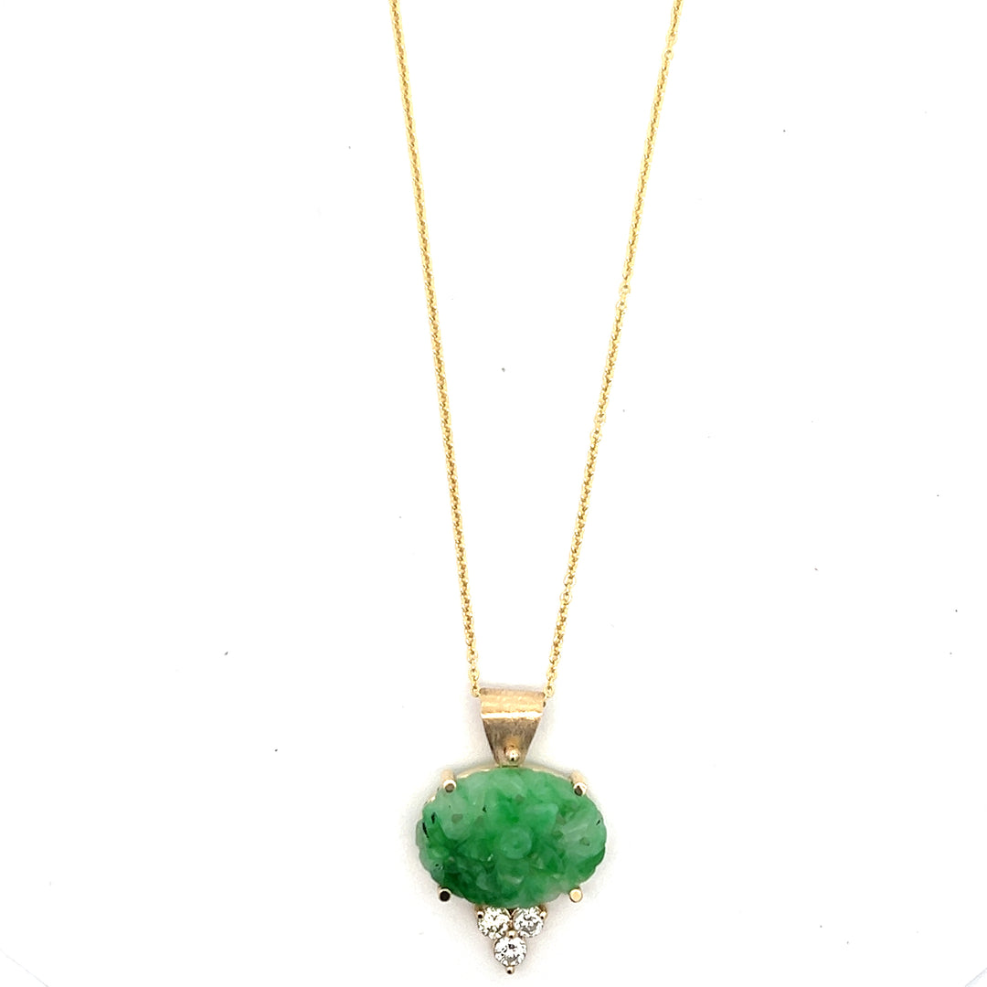 14K Yellow Gold Carved Jade And Diamond Necklace