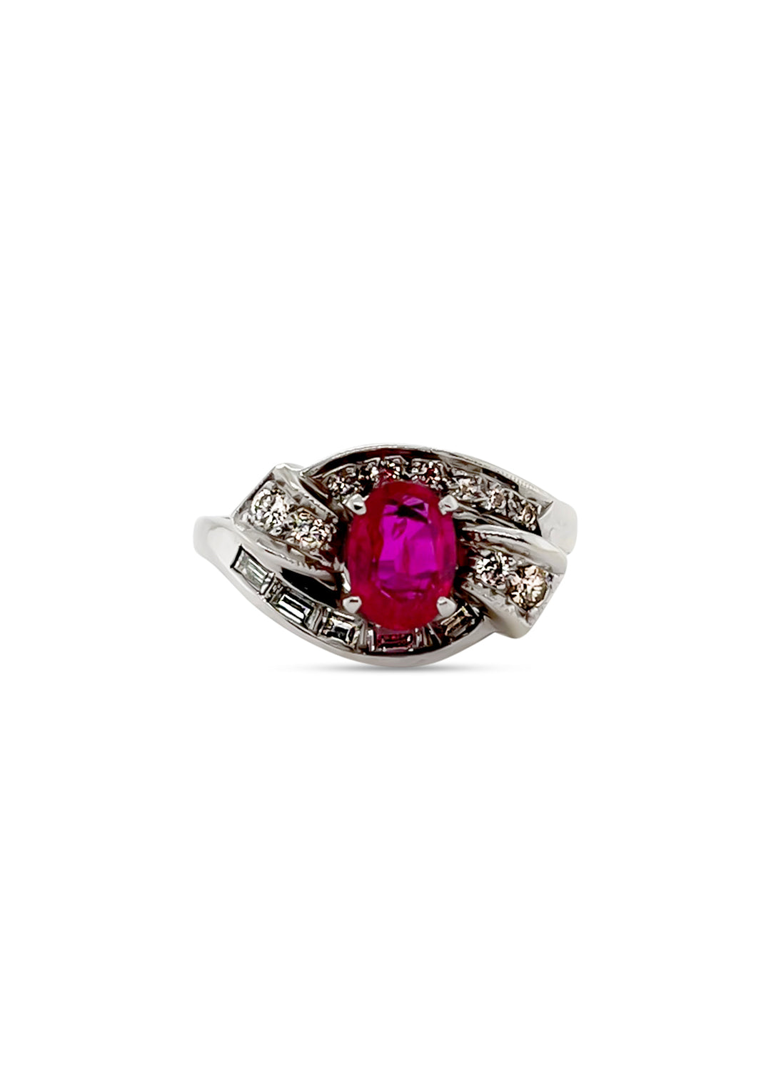 14k White Gold 1950's Estate 1.10 Carat Synthetic Ruby And Diamond Bow Ring