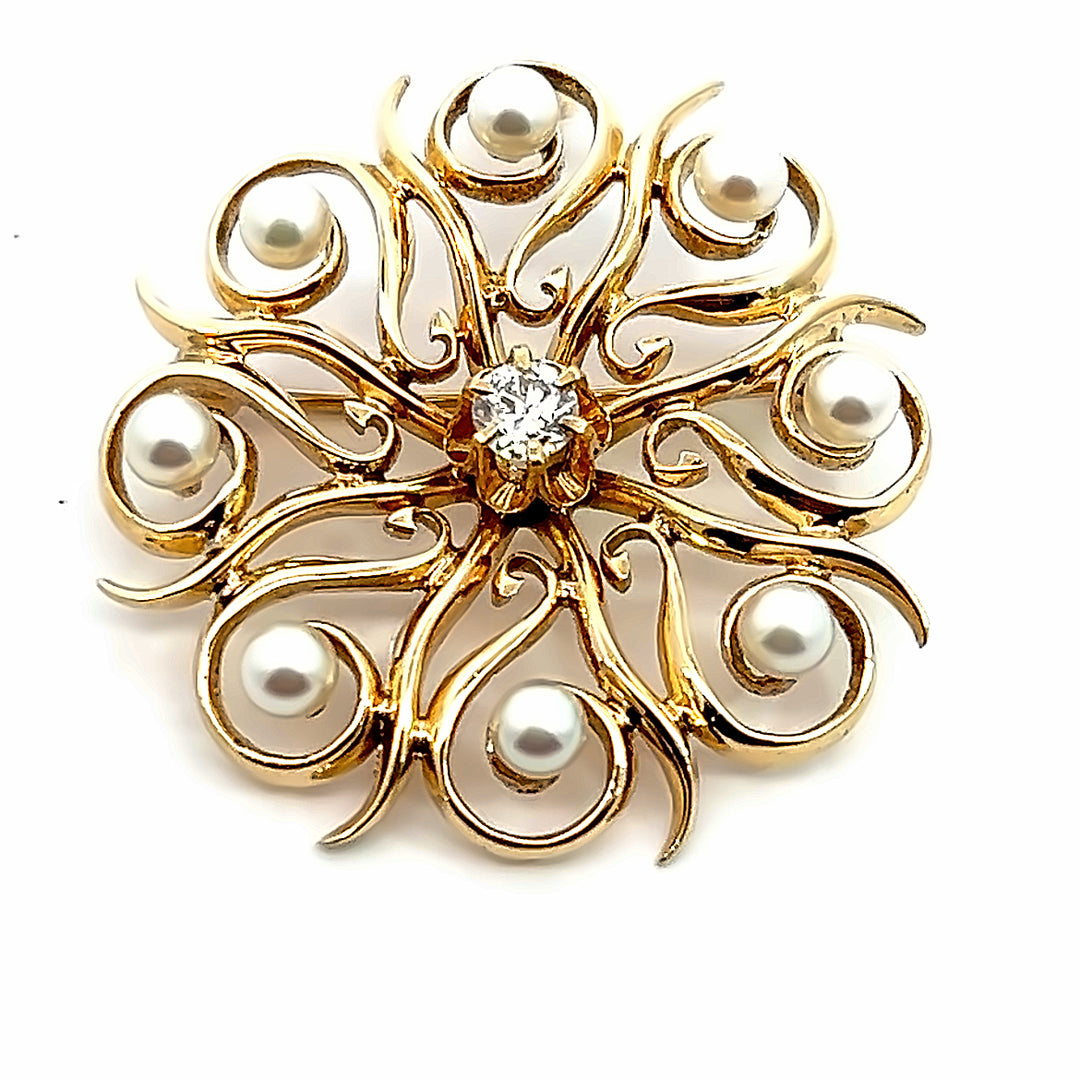 14K Yellow Gold Antique 0.24 Carat Diamond And Cultured Pearl Estate Pendant/Brooch