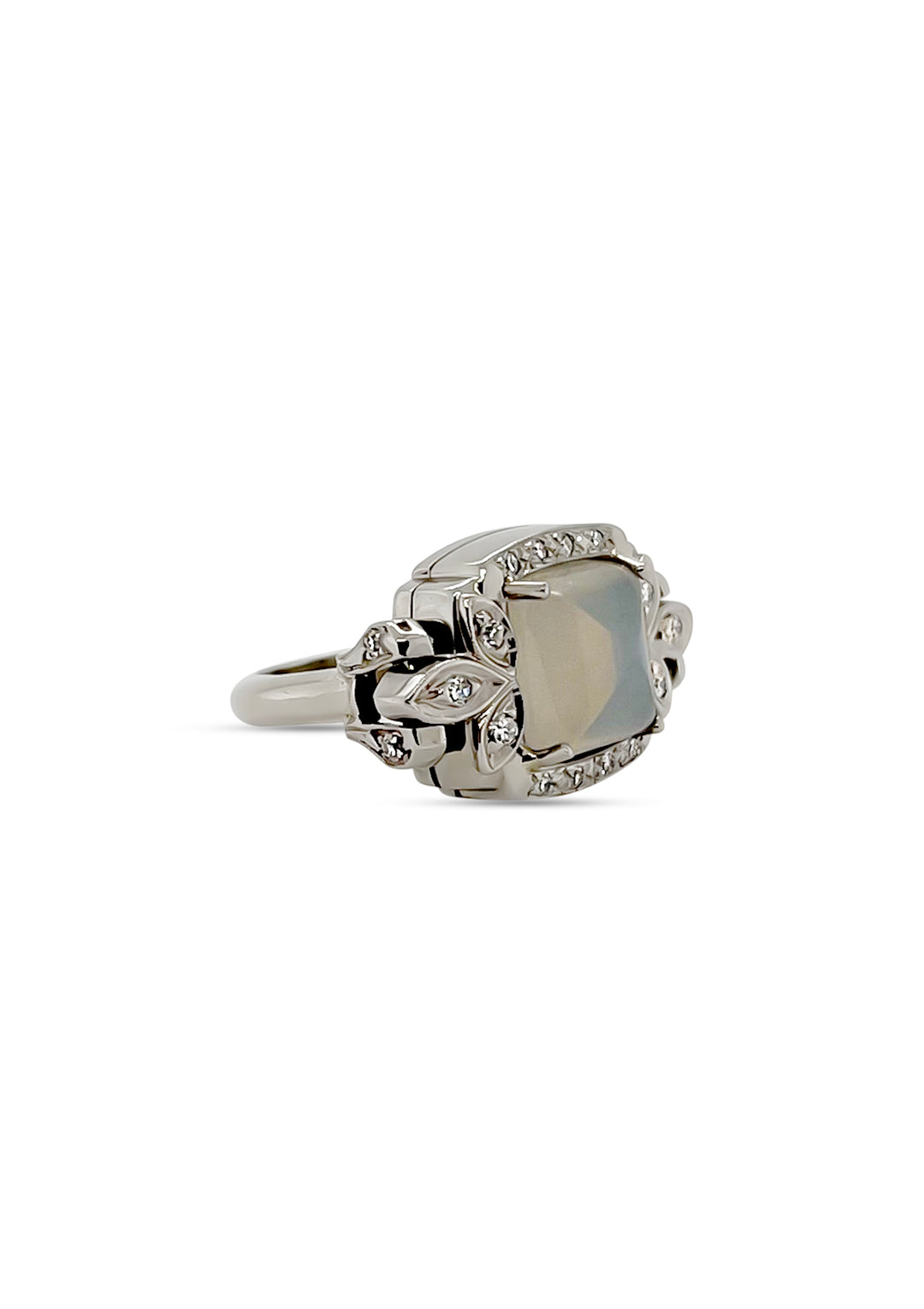 14K White Gold Estate Diamond And Moonstone Ring