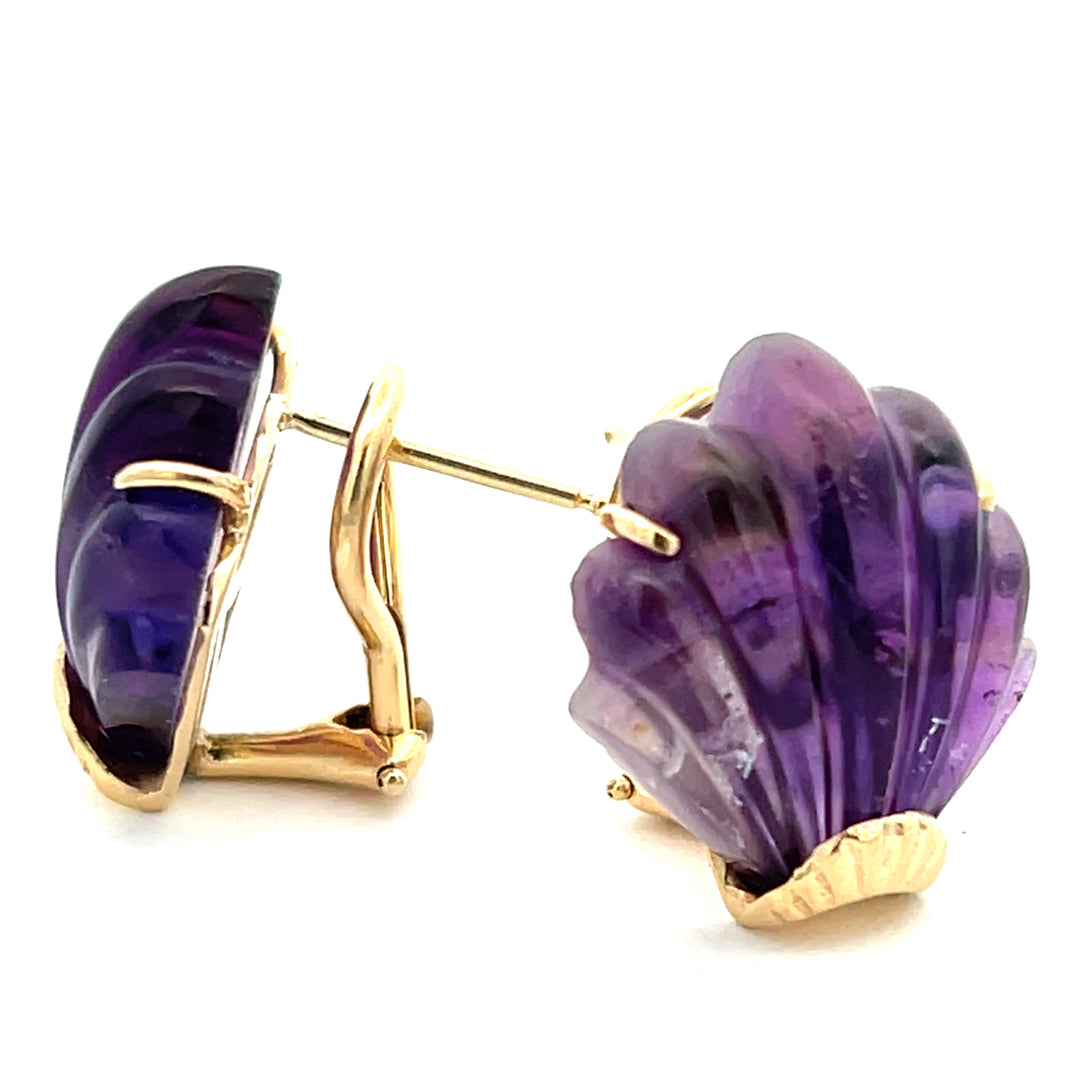 14K Yellow Gold Carved Amethyst Omega Back Earrings