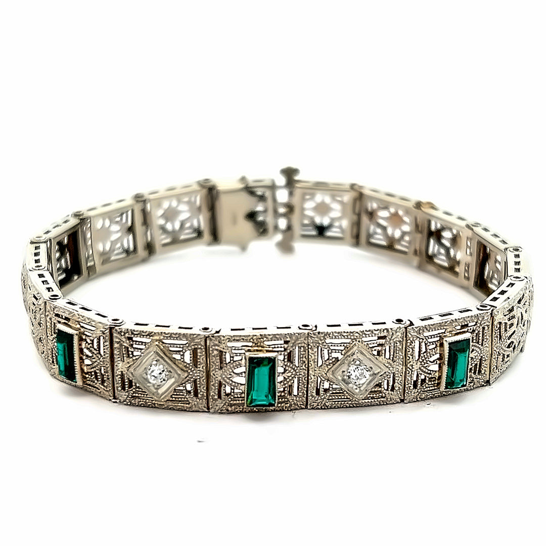 14K White Gold Art Deco Synthetic Emerald And Diamond Bracelet