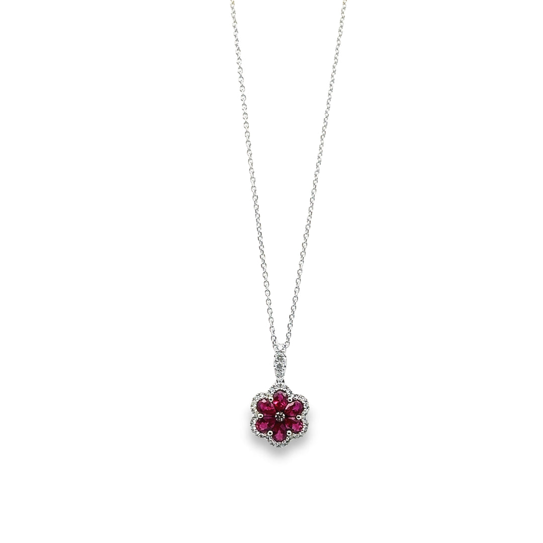 18K White Gold 1.14 Carat Ruby And Diamond Flower Pendant With 14K White Gold Chain