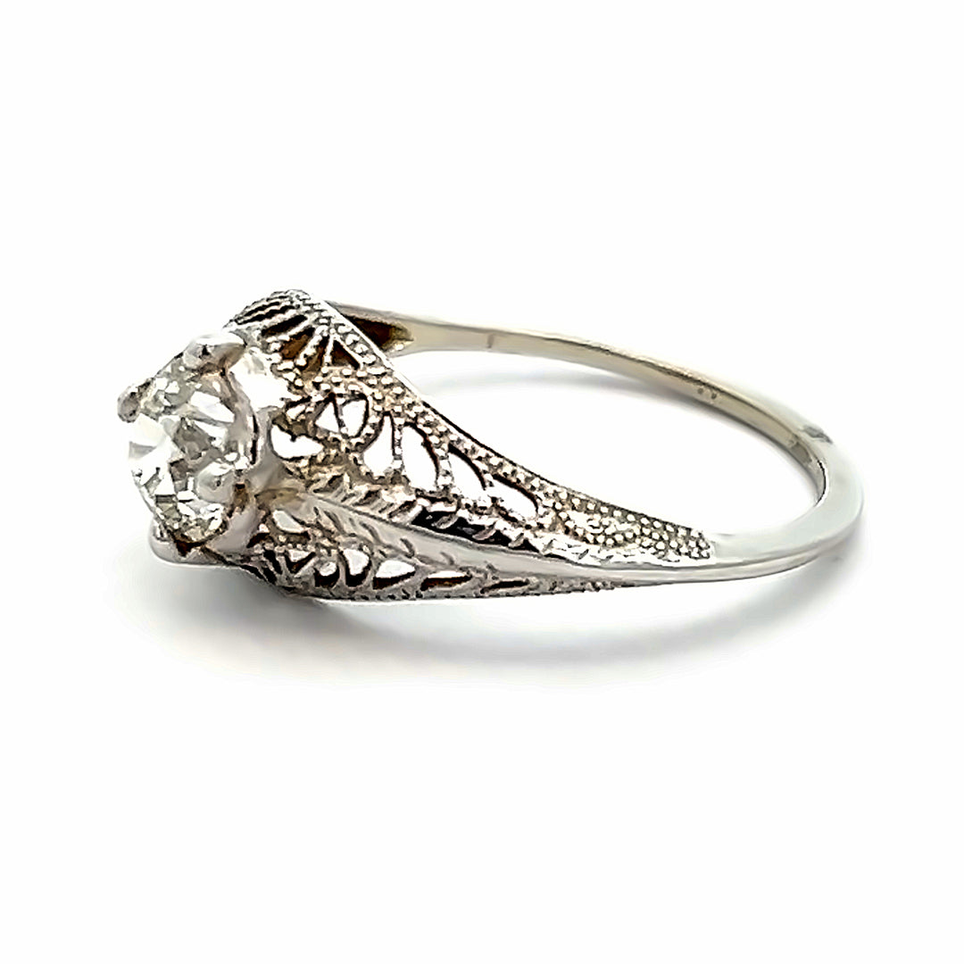 18K White Gold 0.62 Carat Old European Cut Diamond Filigree Ring