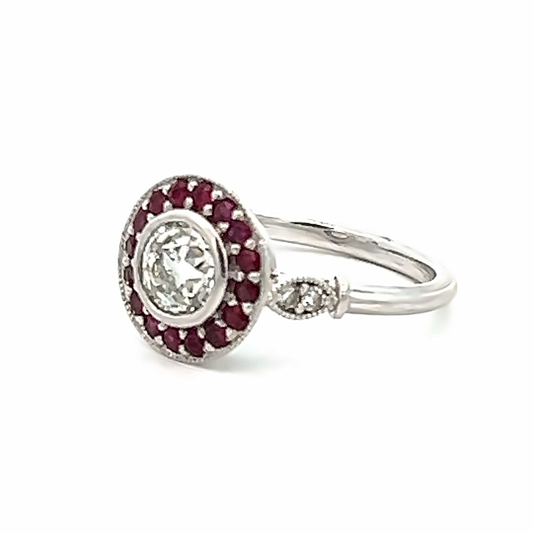 Platinum Art Deco 0.78 Carat Diamond And Ruby Halo Ring