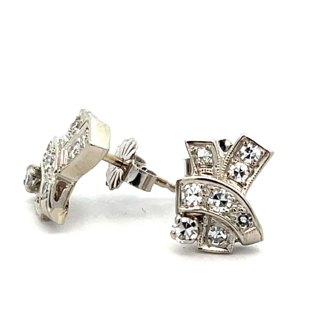 14K White Gold Art Deco Single Cut Diamond Earring Studs