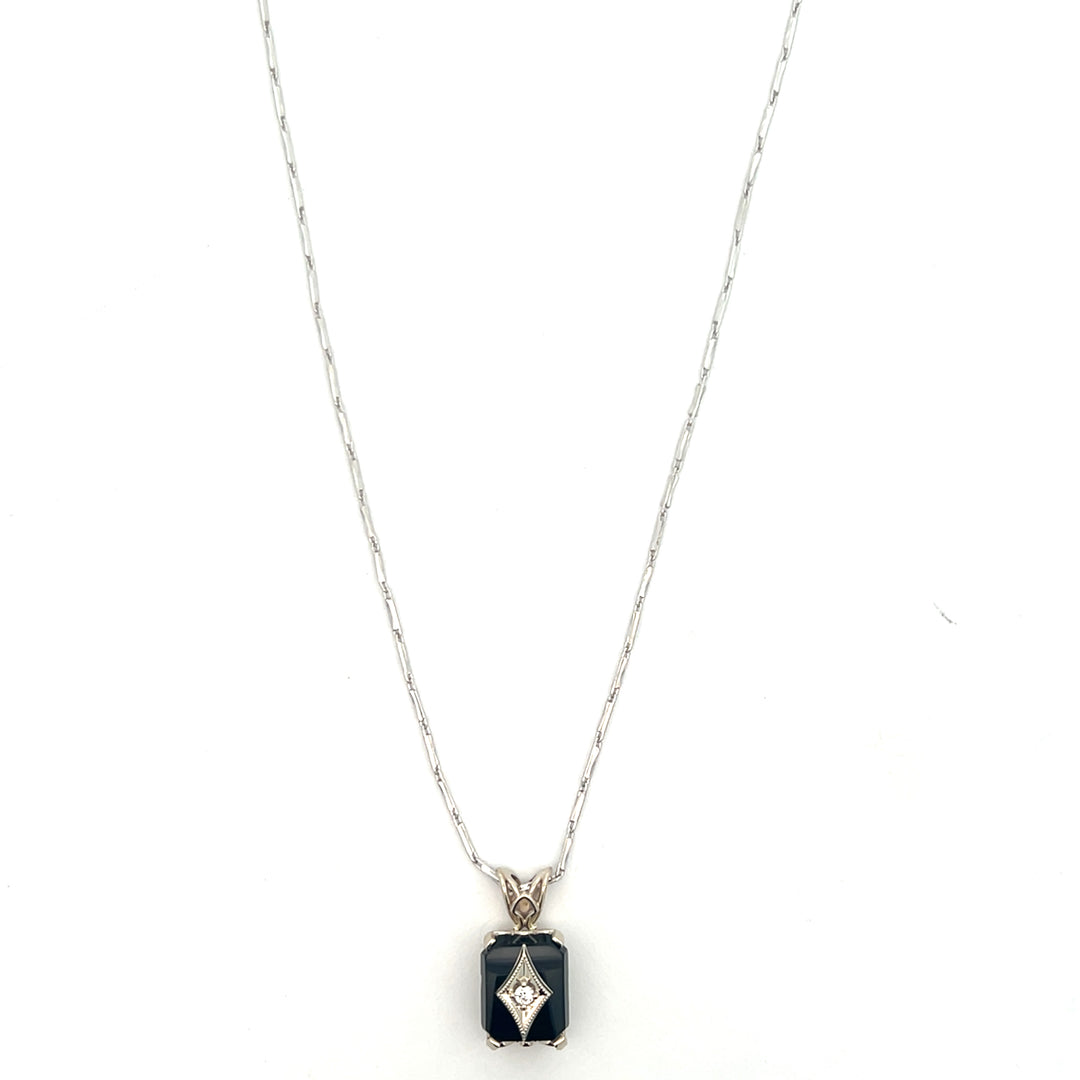 14K White Gold Onyx and Diamond Necklace